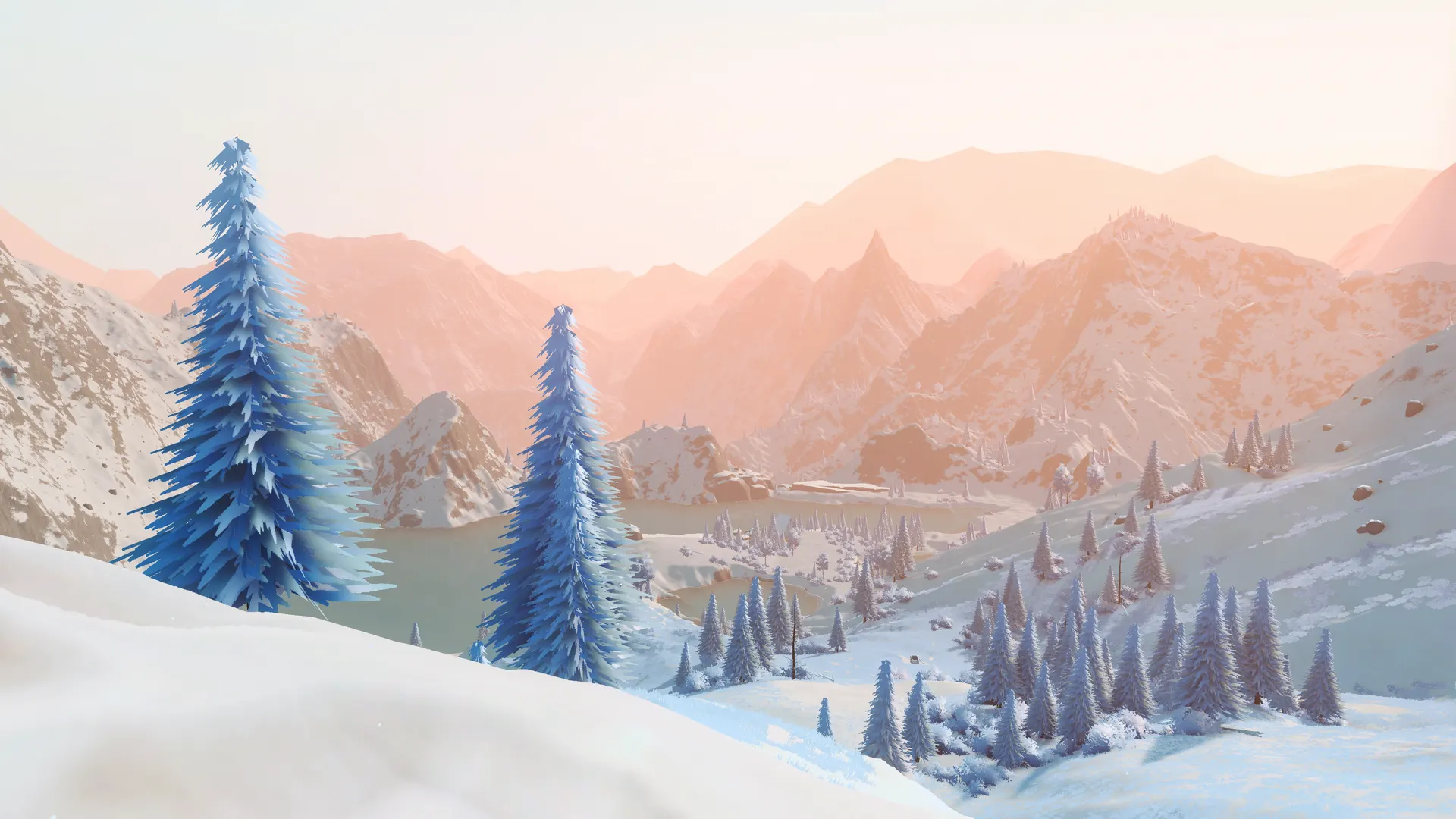 A snowy valley with frosted pine trees in over the hill