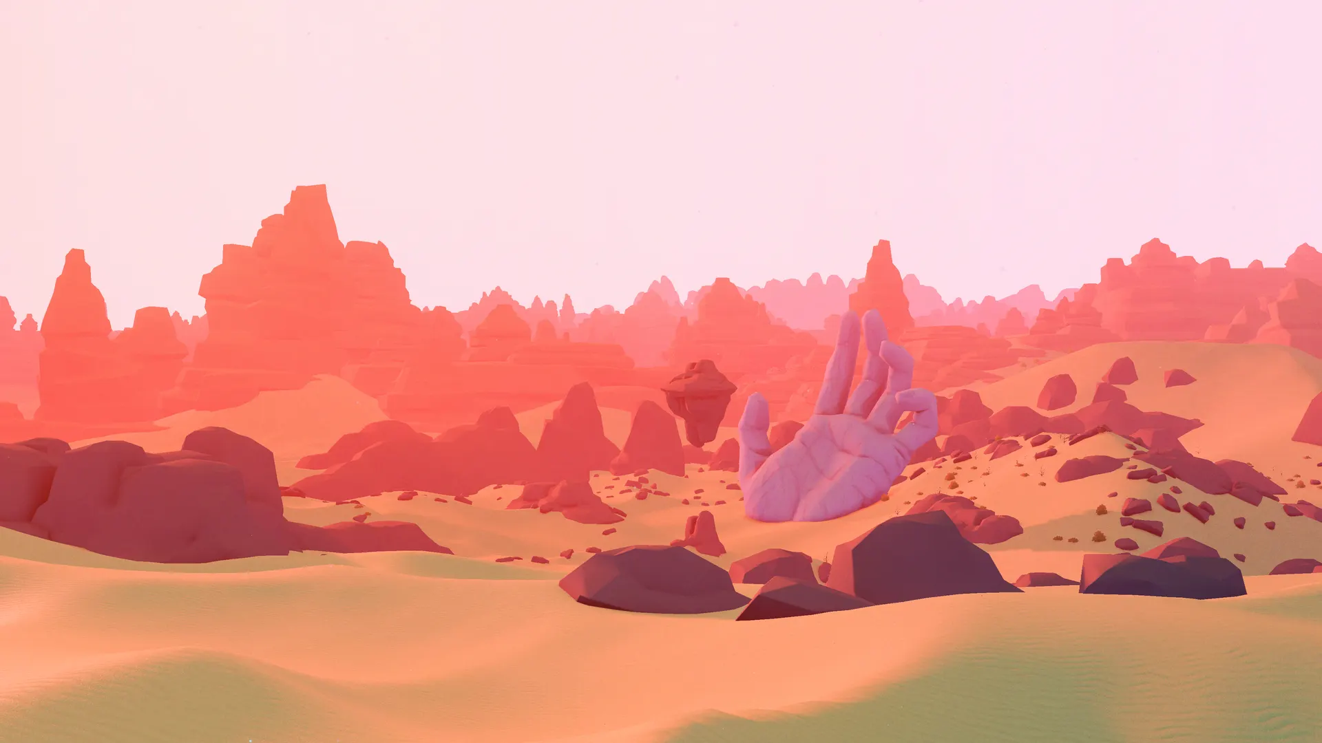 A giant stone hand in the red desert of over the hill